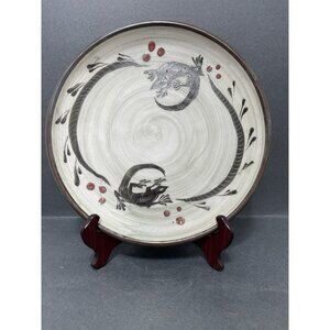 Studio clay pottery Salamander Lizard plate 11 Inch Artist signed natural Grey